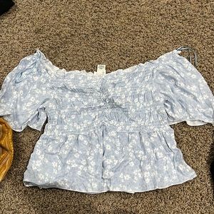 Off the Shoulder Blue Floral Shirt